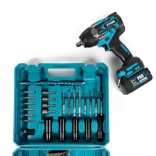 Ударный аккумуляторный гайковерт Rynor RX995 PRO (21V, 5Ah) Бесщеточный гайковерт Райнор 1000 Нм с набором оснастки RX995 PRO фото